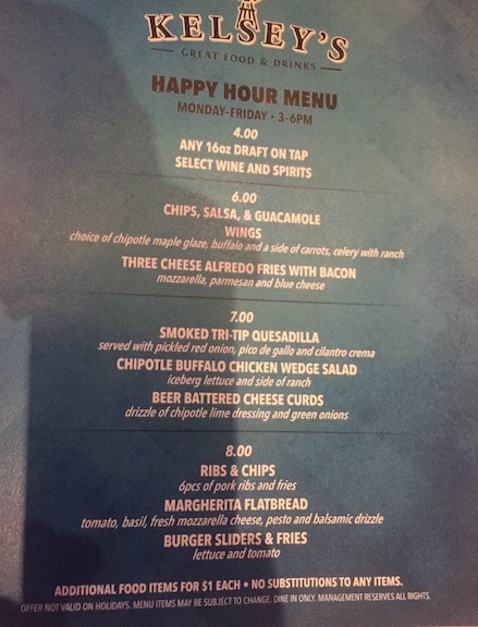 Kelsey's Happy Hour menu Temecula CA restaurants