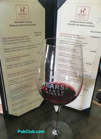 Hearst Winery wine tasting room wines menu