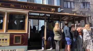 San Francisco Cable Cars people riding the rails