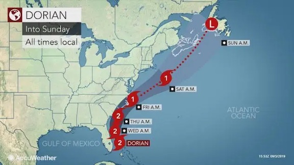 Hurricane Dorian updated weekday path