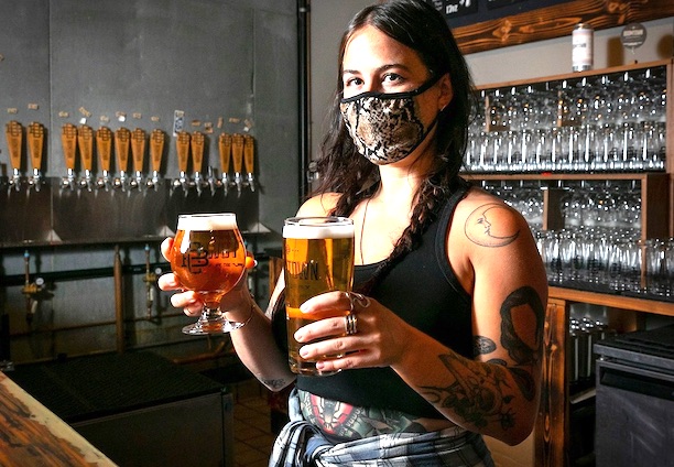 Boomtown Brewery DTLA bartender wearing a mask