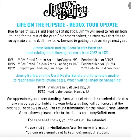 Jimmy Buffett concert fall tour canceled announcement