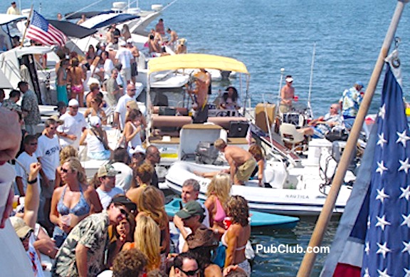 boats tied together at the Newport Beach boat tie-up party