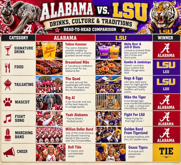 Alabama-LSU rivalry drinks side-by-side comparison